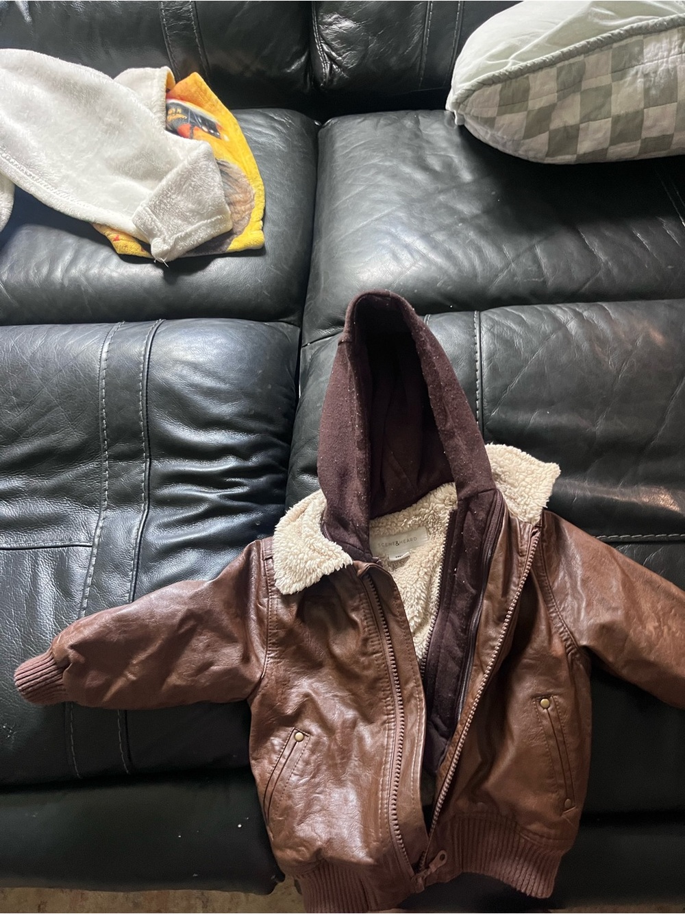 GAP Kids Brown Faux Leather Hooded Puffer Jacket with Sherpa Collar